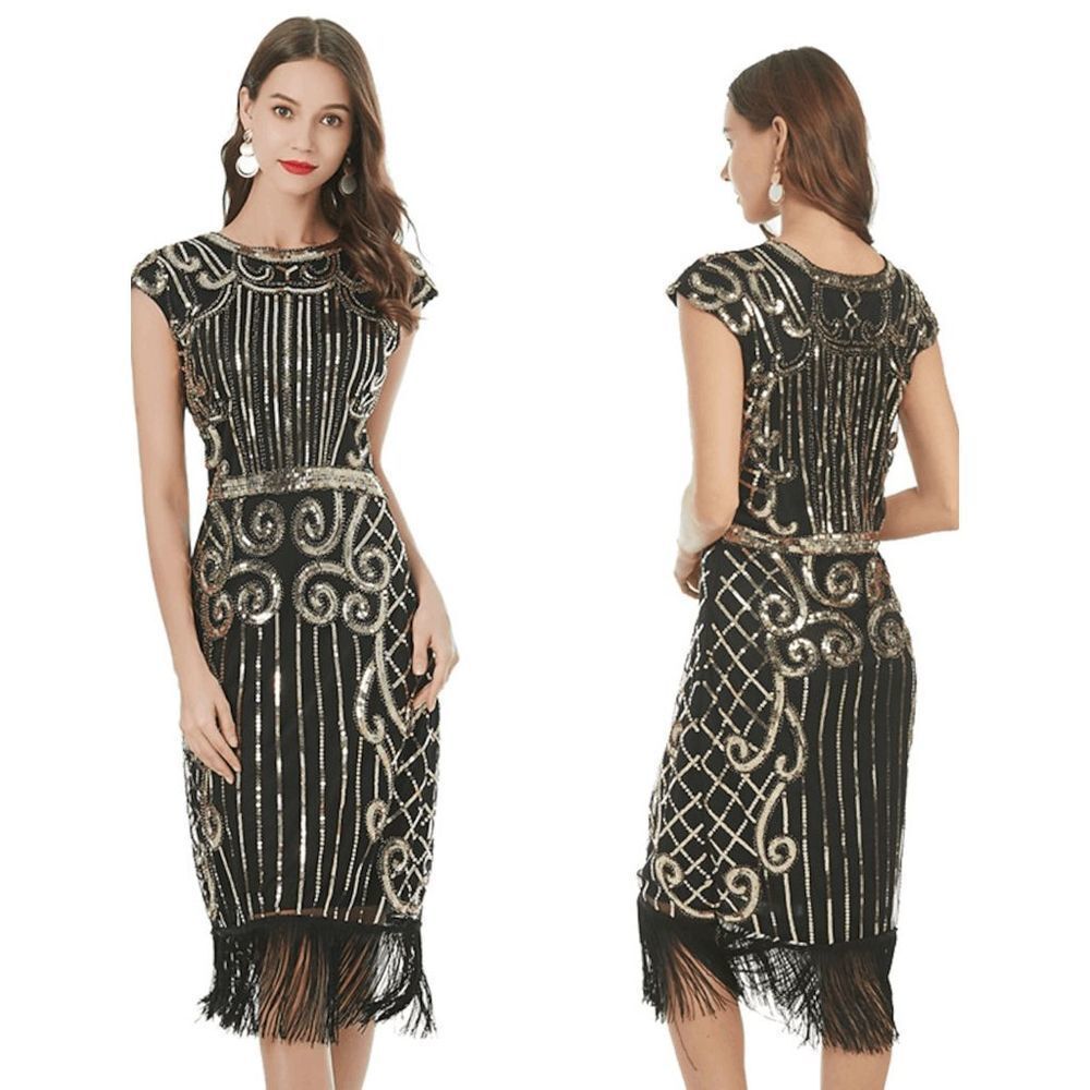 ✨ Flapper Great Gatsby Roaring 1920s Retro Tassel Fringe Sequin Dress SIZE L NEW - Picture 13 of 17